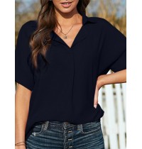 Solid Lapel Half Sleeve Casual Blouse