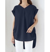 Solid Ruched Short Sleeve V Neck Casual Blouse