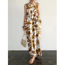 Plant Print Pocket Round Neck Sleeveless Print Dress