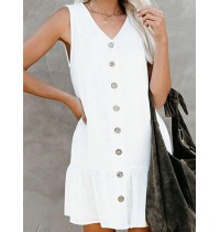 Cotton Solid Button Ruffle Sleeveless V Neck Casual Dress