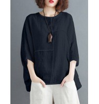 Solid Round Neck Bat Sleeve Casual Blouse