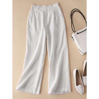 Solid Elastic Waist Pocket Button Wide Leg Pants