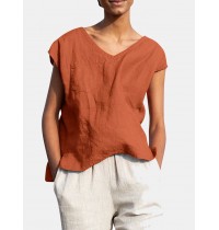 Solid Pocket Slit V  neck Short Sleeve Casual Blouse