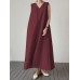 Solid V Neck Sleeveless Casual Cotton Maxi Dress