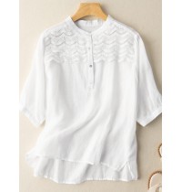 Solid Patchwork Split Stand Collar Casual Blouse