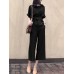 Solid Belt Pocket Rolled Sleeve Wide Leg Two Pieces Suit