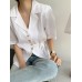 Solid Button Tie  Up Lapel Short Sleeve Casual Cotton Blouse